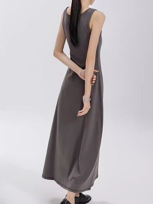 Loose Sleeveless Solid Color Split-Joint Round-Neck Maxi Dresses