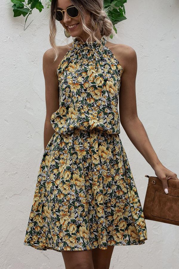 Halter Neck Flower Print Mini Dress