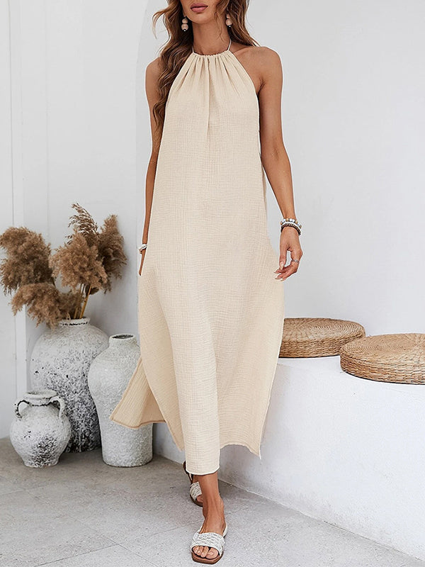 High Waisted Loose Backless Elasticity Pleated Solid Color Split-Side Tied Halter-Neck Midi Dresses