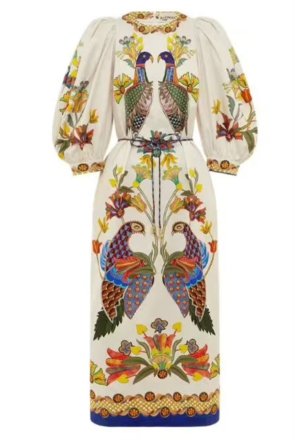 Garden Party Unique Heaven Bird Print Puff Sleeve Pocketed Loose Midi Dress