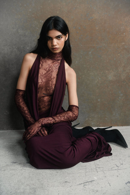 Evelyn Plunging Cowl Lace Bodice Maxi Dress