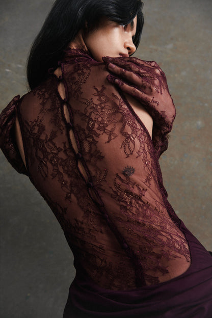 Evelyn Plunging Cowl Lace Bodice Maxi Dress