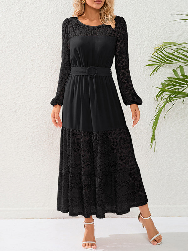 A-Line Long Sleeves Belted Elasticity Mesh Solid Color Split-Joint Round-Neck Maxi Dresses