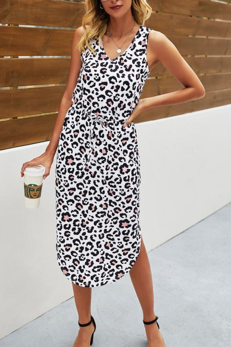 Leopard Print Asymmetric Hem Drawstring Waist Casual Dress