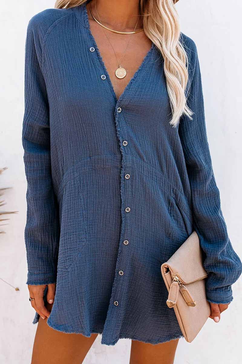 Seersucker Fringed Long Sleeves Mini Dresses