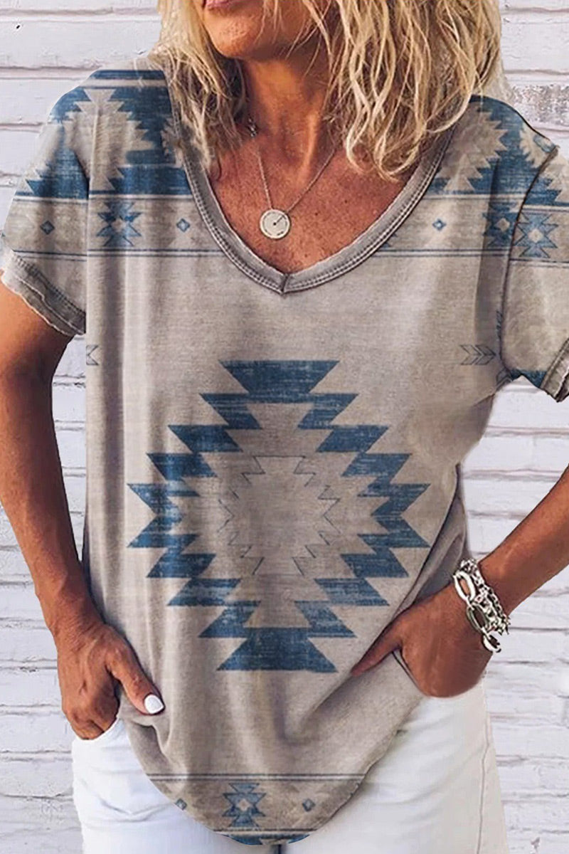 Fashion Casual Print Patchwork V Neck T-Shirts