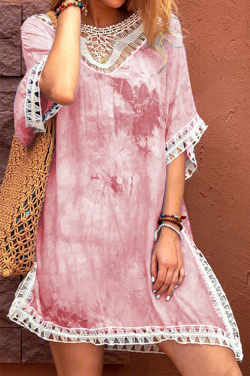 Casual Tie Dye Lace Hollowed Out O Neck A Line Dresses