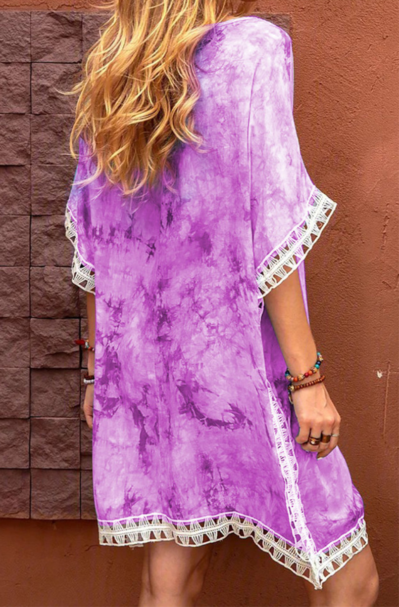 Casual Tie Dye Lace Hollowed Out O Neck A Line Dresses