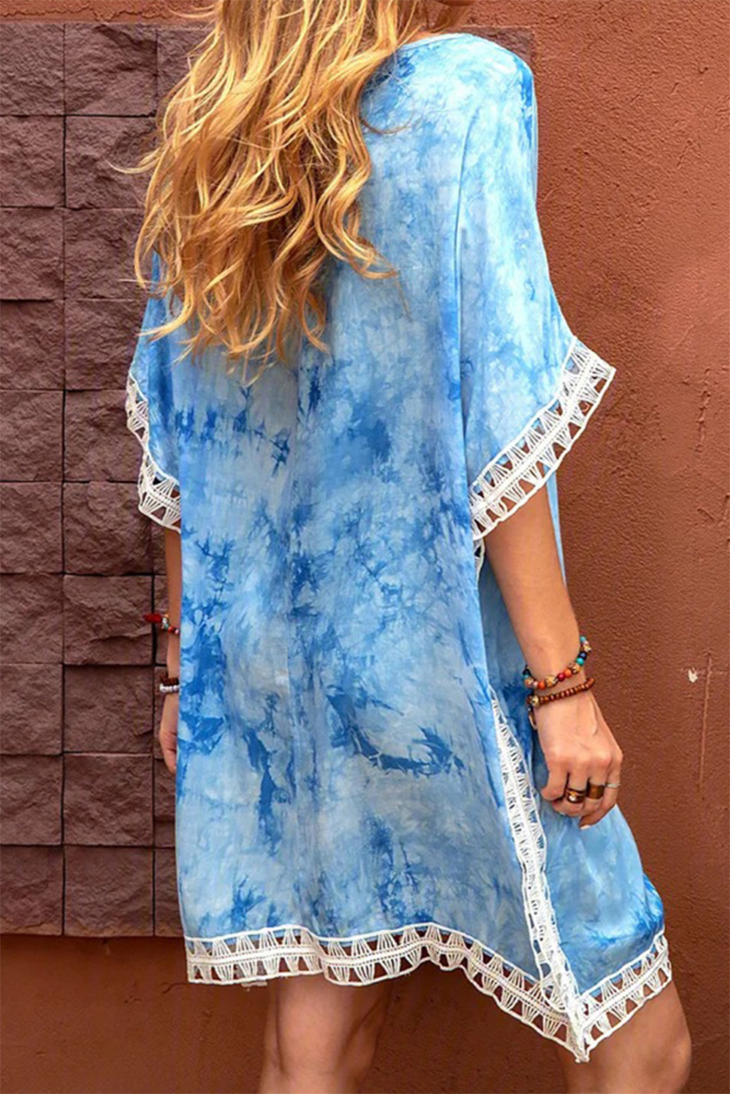 Casual Tie Dye Lace Hollowed Out O Neck A Line Dresses