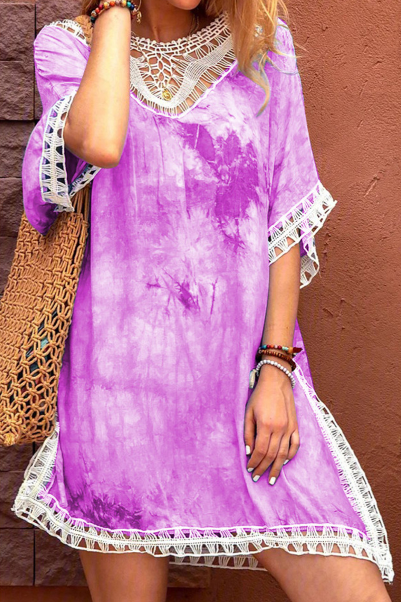 Casual Tie Dye Lace Hollowed Out O Neck A Line Dresses