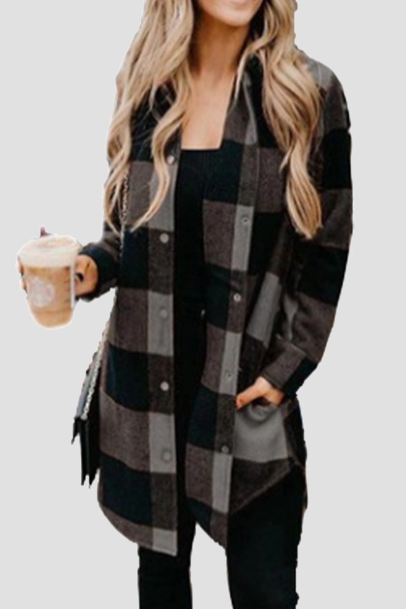 Casual Plaid Pocket Buckle Turndown Collar Outerwear(6 Colors)