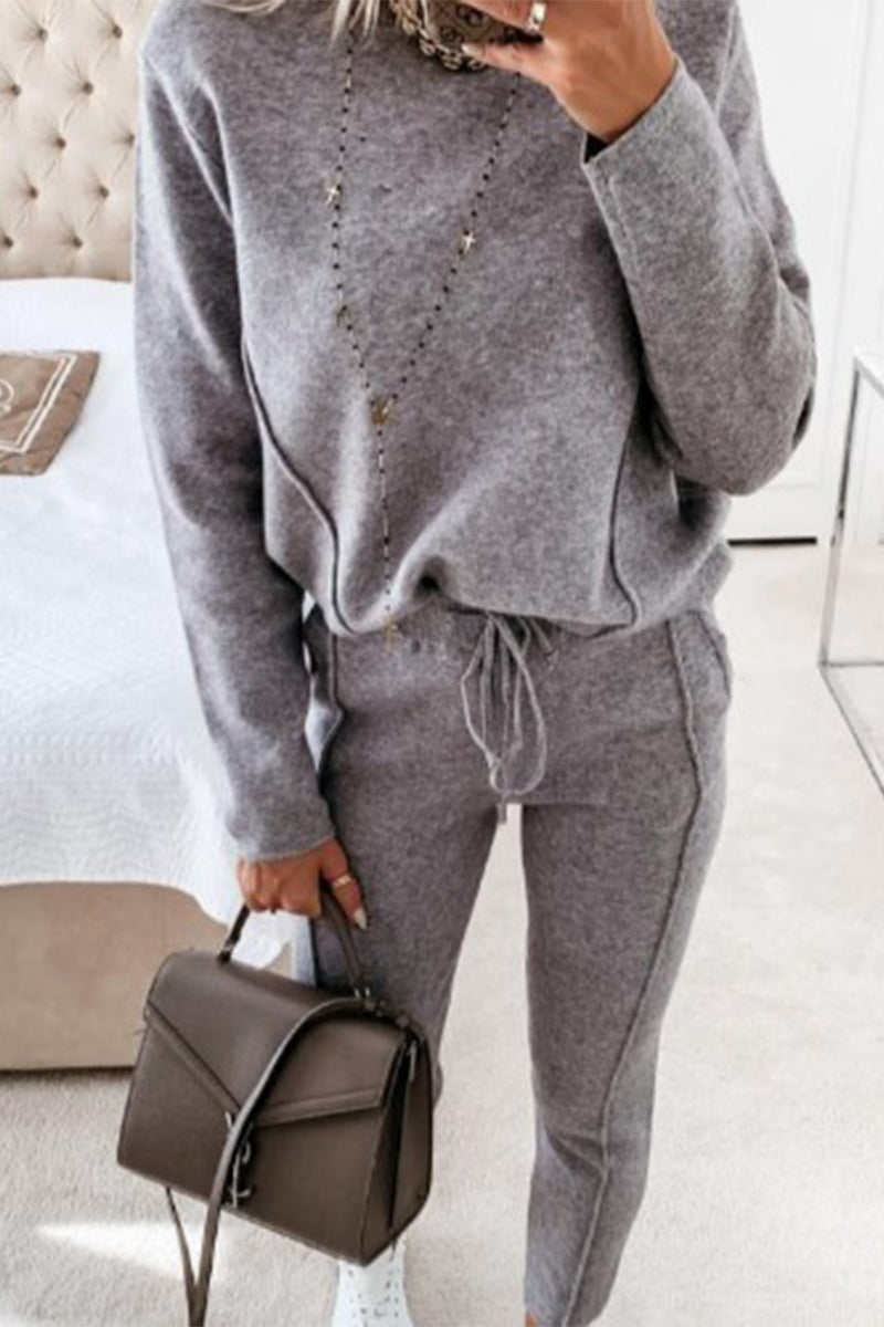 Sweet Solid O Neck Long Sleeve Two Pieces(3 Colors)