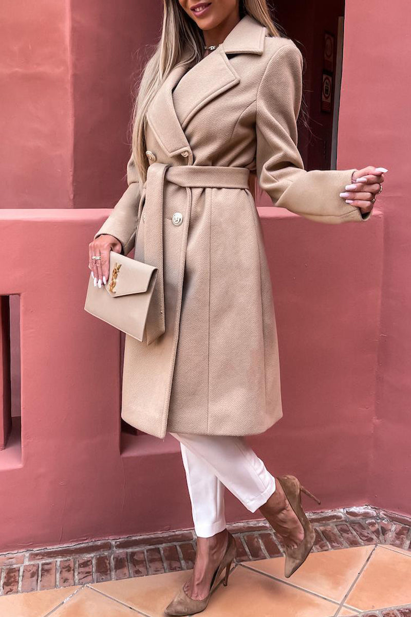 Elegant College Solid With Belt V Neck Outerwear(4 Colors)