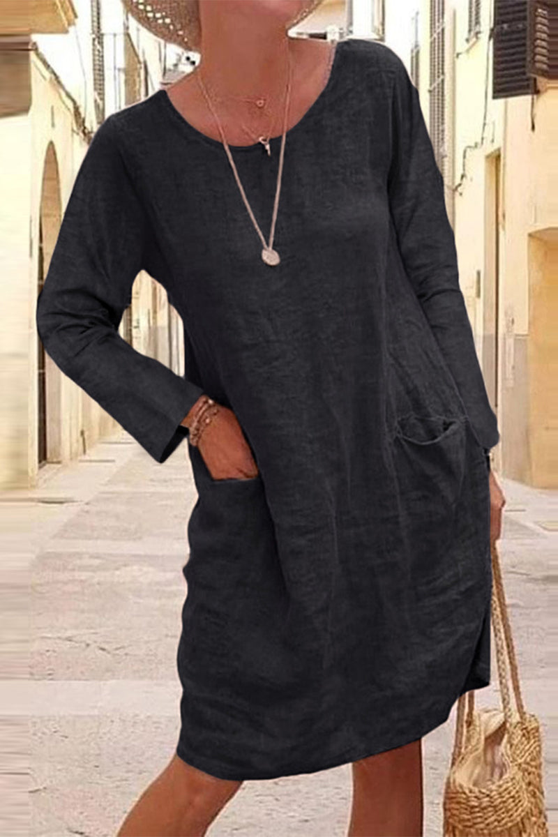 Casual Solid Patchwork Pocket V Neck Dresses(4 Colors)