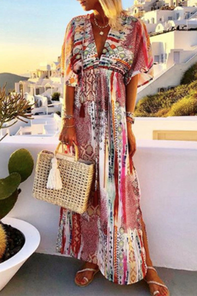 Casual Vacation Frenulum V Neck Printed Dress Dresses