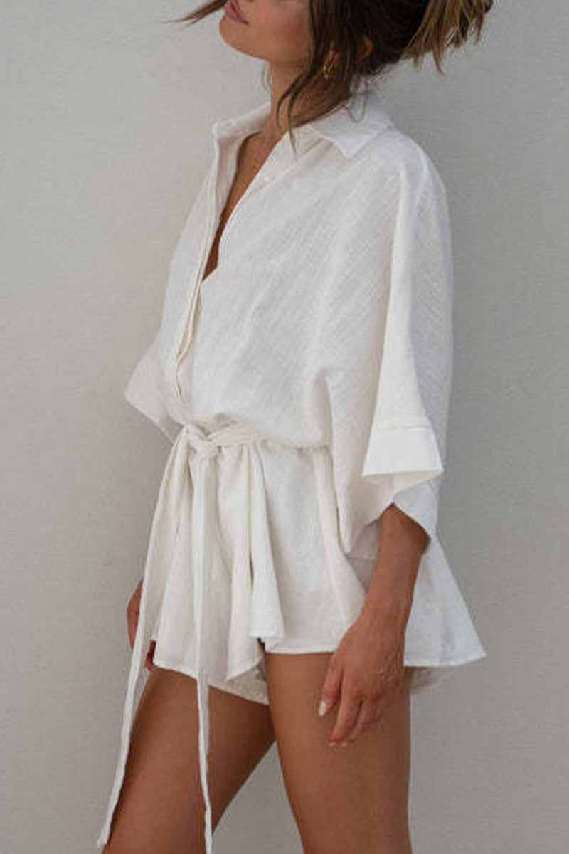 Casual Simplicity Solid Frenulum Turndown Collar Loose Jumpsuits
