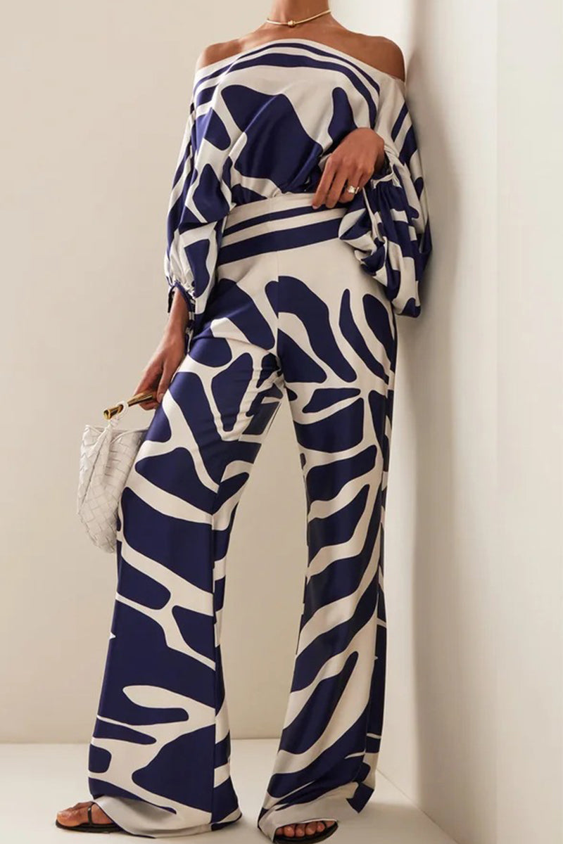 Casual Elegant Print Patchwork Off the Shoulder Long Sleeve Two Pieces(12 Colors)