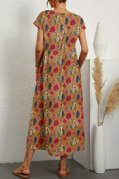 Casual Floral Pocket O Neck Printed Dress Dresses(9 Colors)