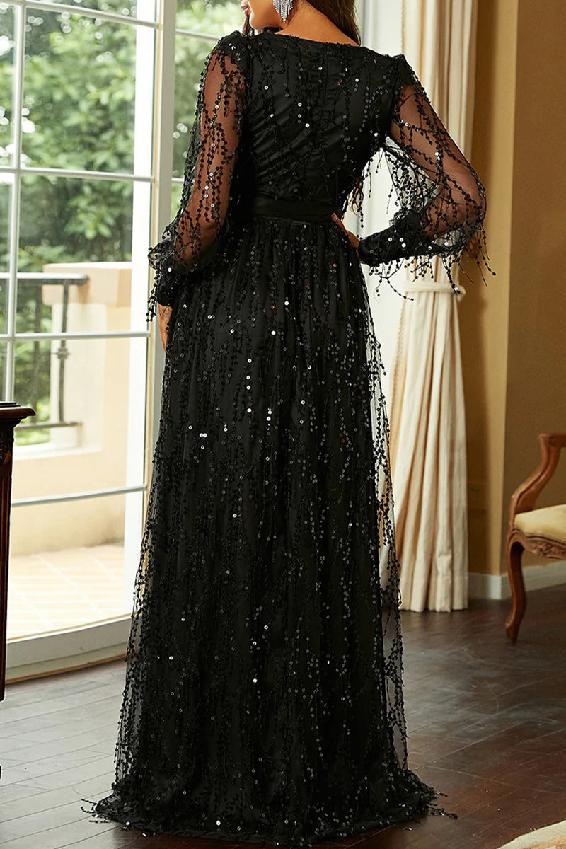 Elegant Formal Print Tassel Sequins High Opening V Neck Evening Dress Dresses