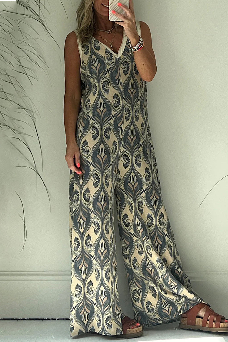 Casual College Geometric Printing V Neck Loose Jumpsuits