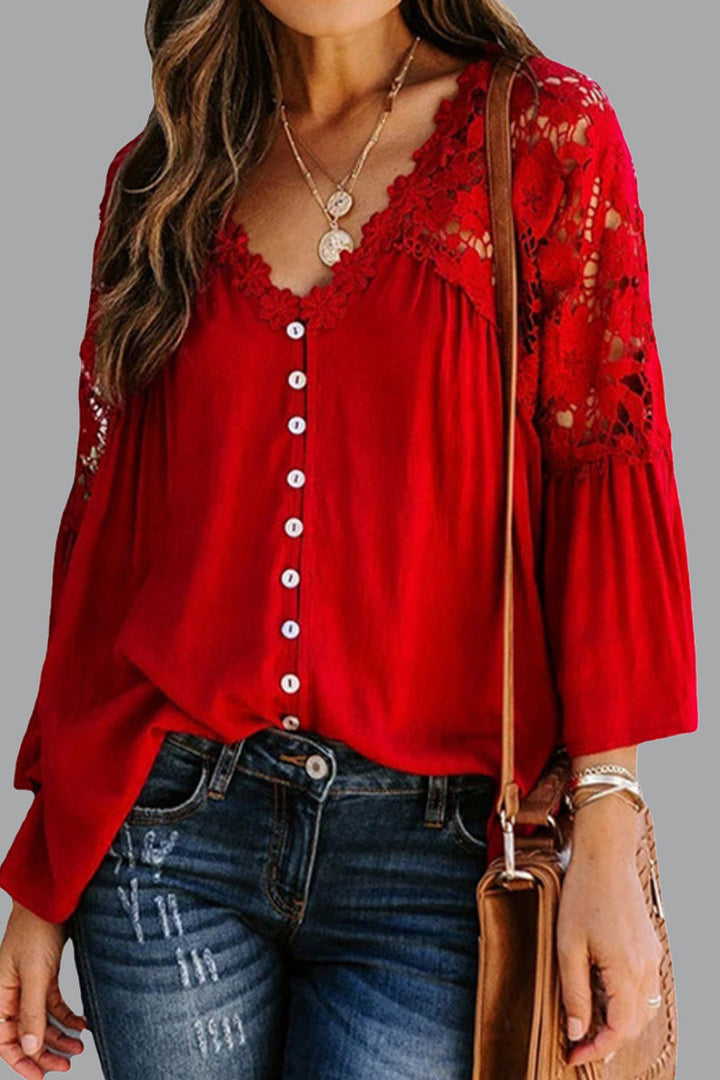 Sexy Solid Lace Buttons V Neck Tops