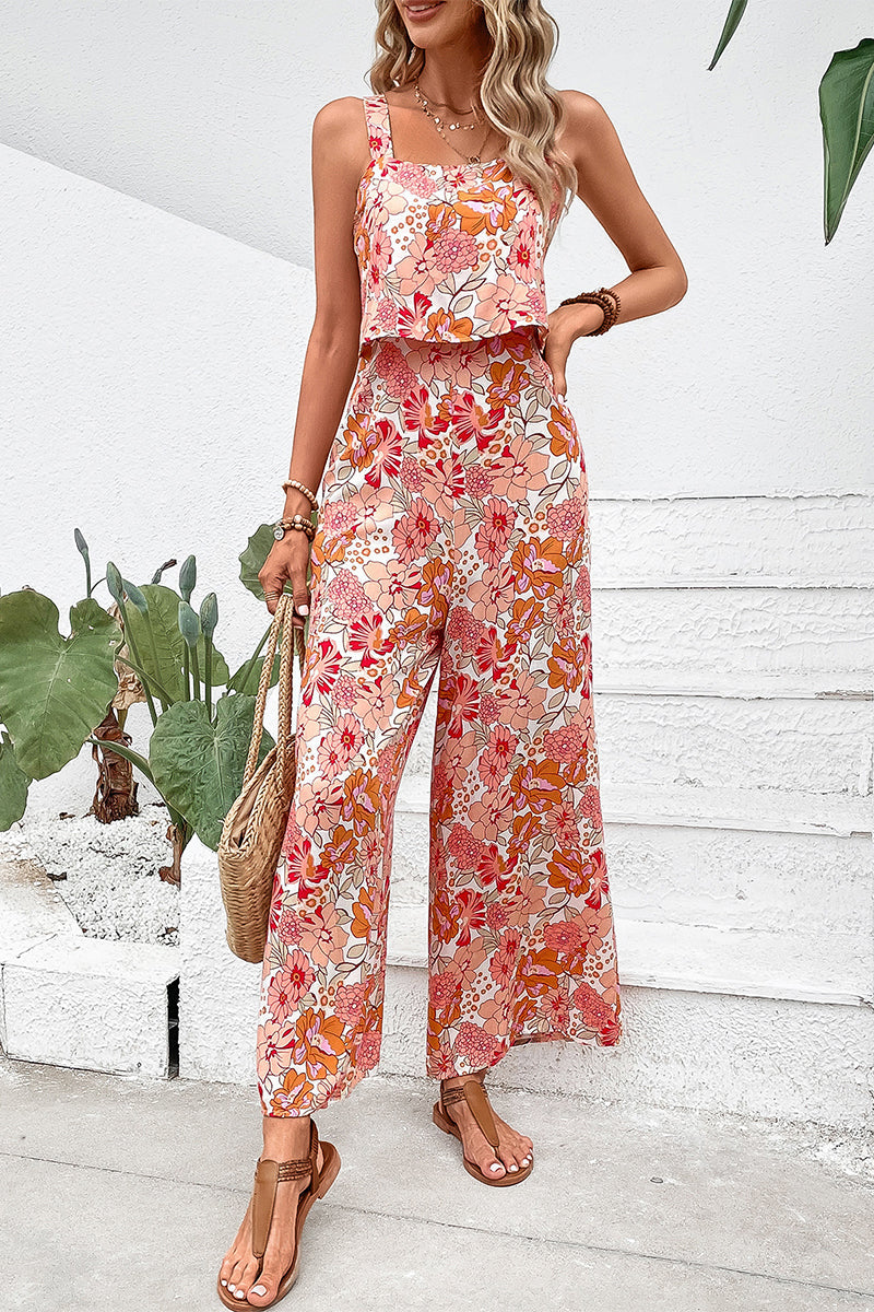 Casual Floral Backless Square Collar Jumpsuits