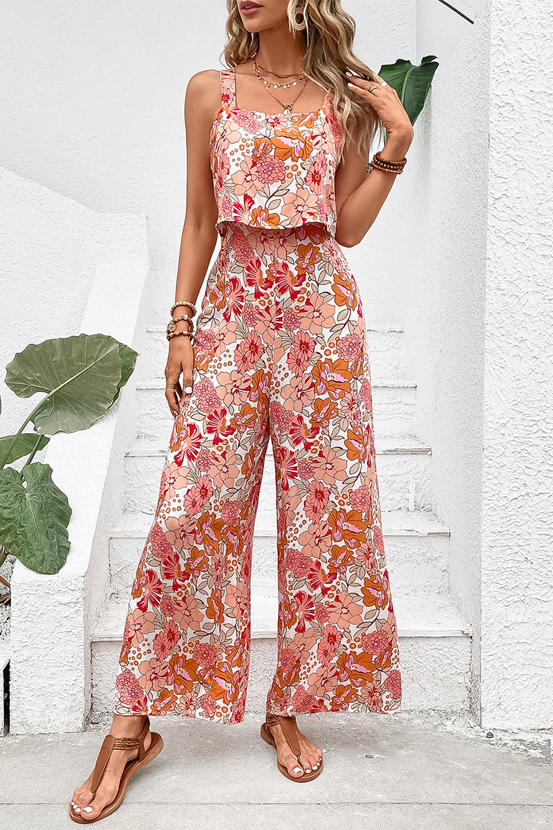 Casual Floral Backless Square Collar Jumpsuits