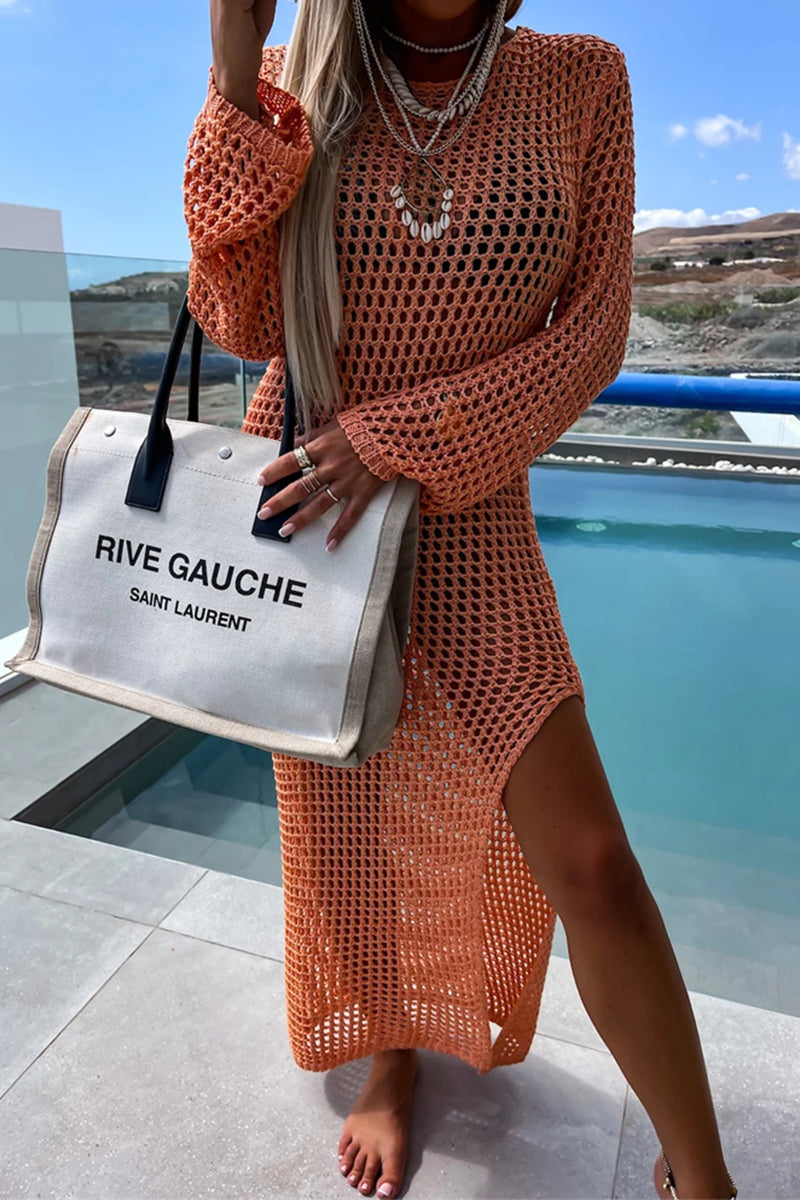 Sexy Vacation Solid Hollowed Out Slit Swimwears Cover Up