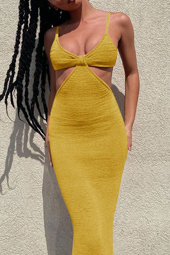 Sexy Vacation Solid Backless V Neck Wrapped Skirt Dresses