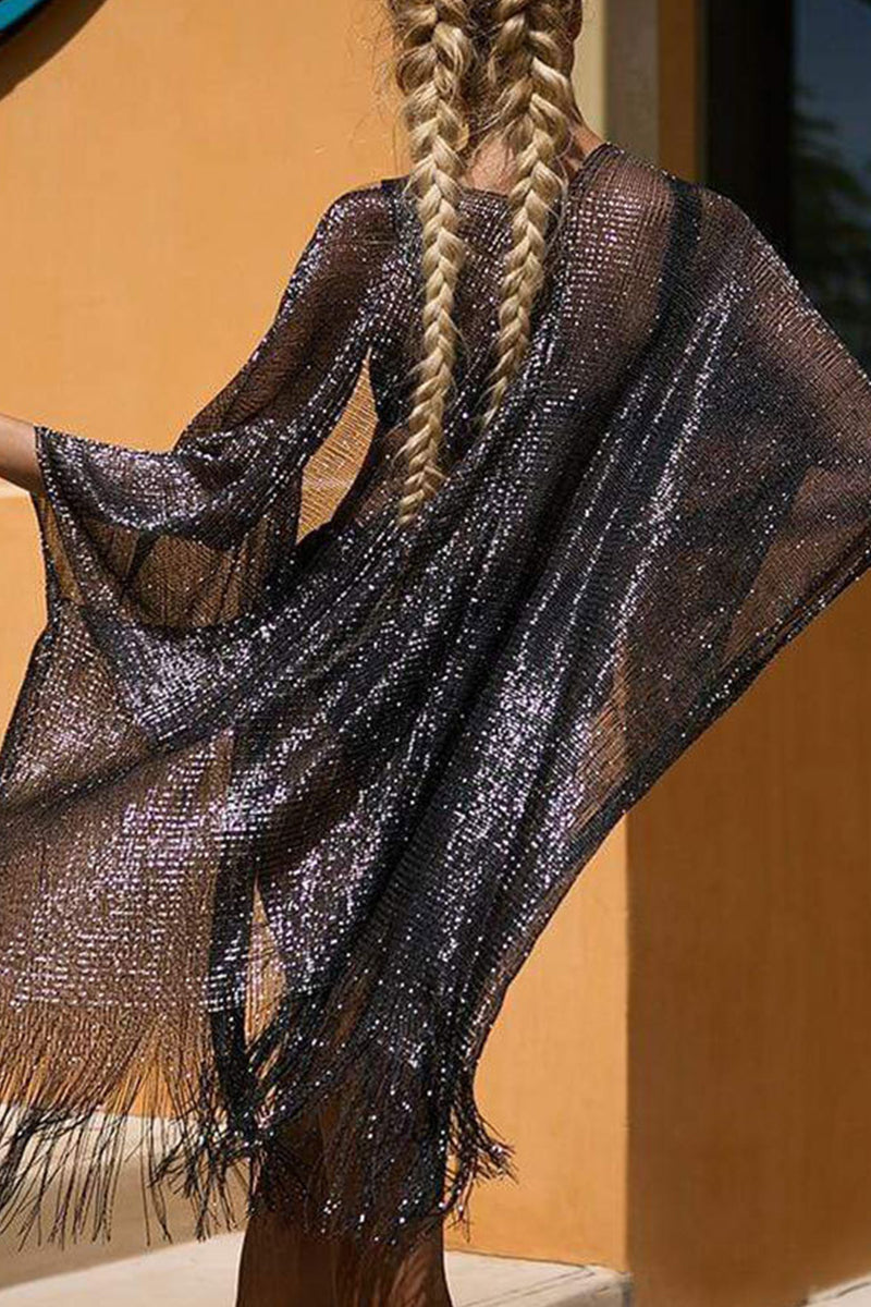 Sexy Vacation Solid Tassel Slit Sequined Swimwears Cover Up