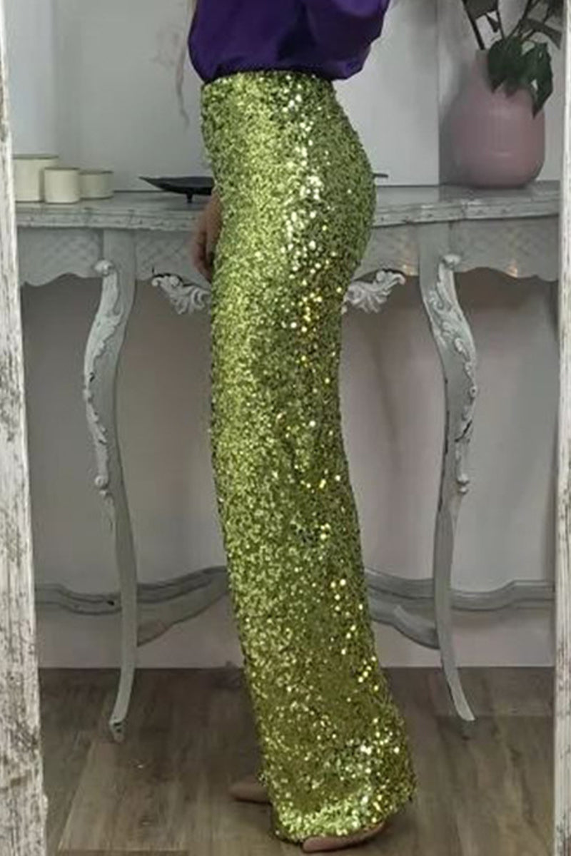 Casual Solid Sequins Sequined Straight High Waist Speaker Solid Color Bottoms