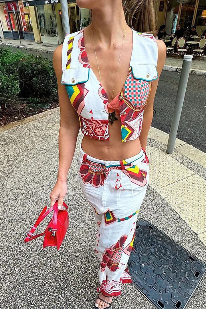 Sexy Vintage Geometric Print Patchwork V Neck Sleeveless Two Pieces