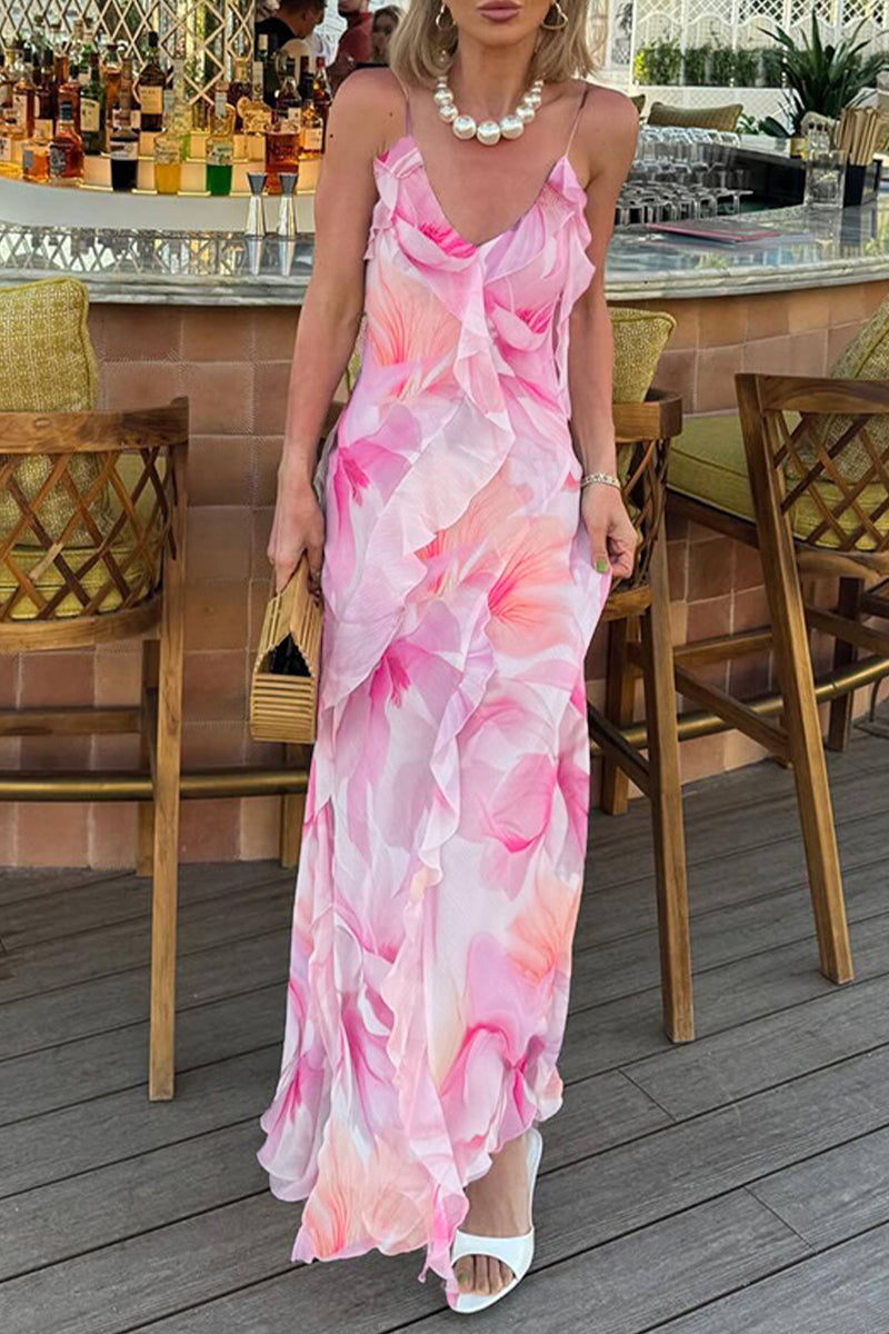 Sexy Floral Print Backless Ruffle V Neck Sling Dresses