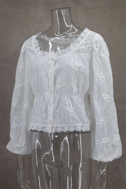 Sexy Daily Solid Color Embroidered Buttons See-Through U Neck Tops