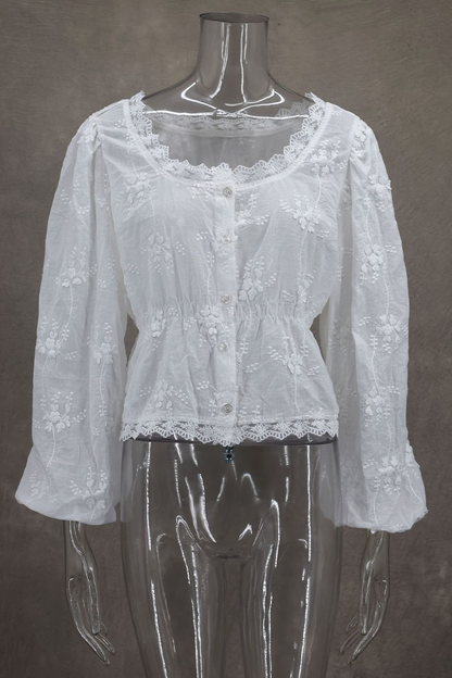 Sexy Daily Solid Color Embroidered Buttons See-Through U Neck Tops