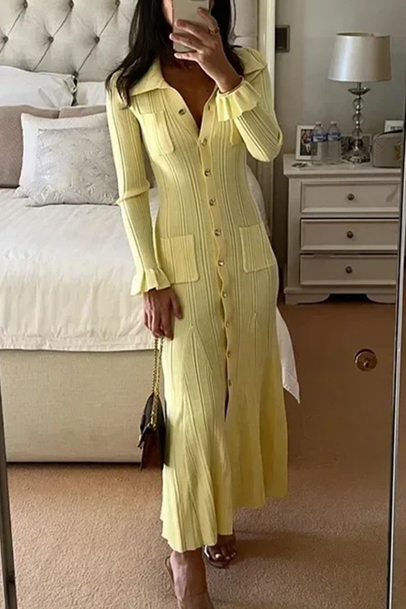 Celebrities Elegant Solid Color Pocket Buckle Ruffle Turndown Collar Long Sleeve Dresses