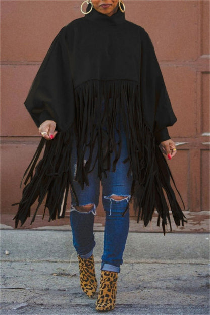Casual Solid Color Fringed Trim Turtleneck Tops(6 Colors)