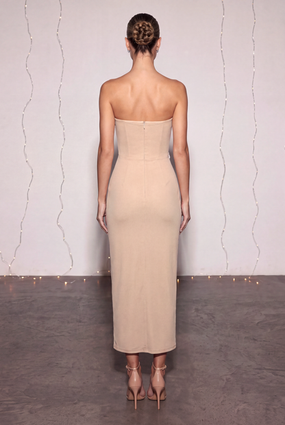 Mesh Rhinestone Stand Collar Midi Dress