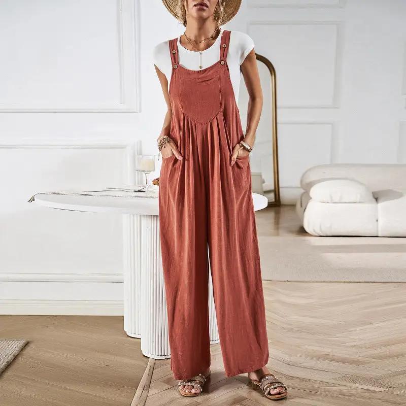 Women's solid color casual all-match loose wide-leg jumpsuit