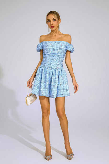 Bethune Blue Floral Off Shoulder Mini Dress