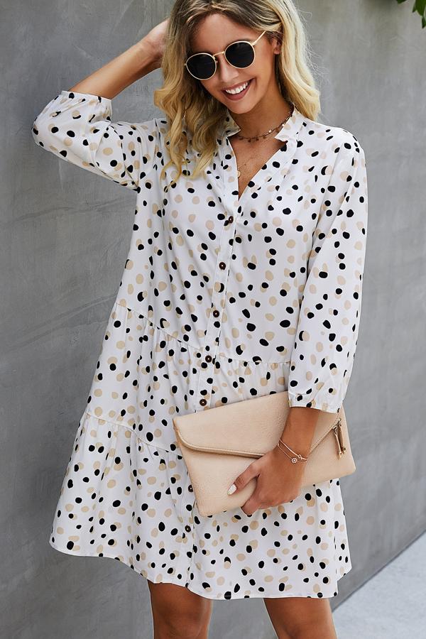 Polka Dot Print V Neck Button Casual Dress