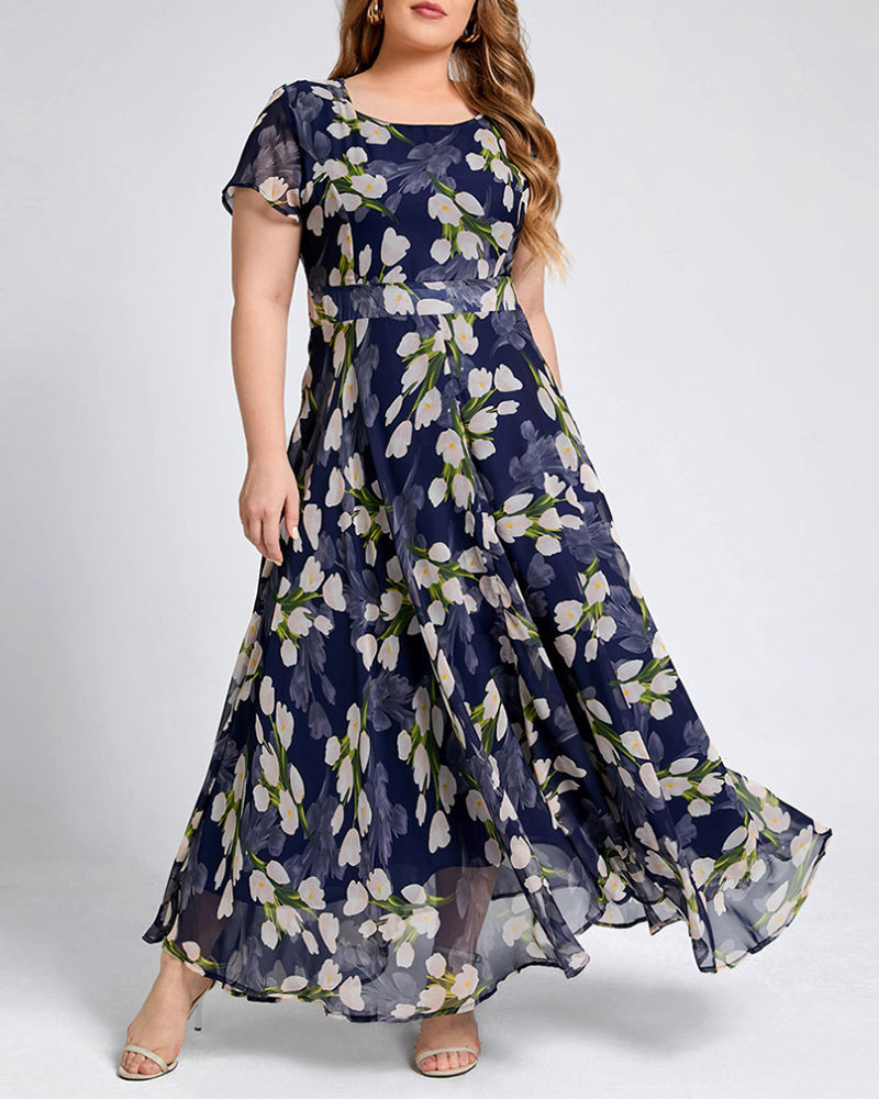 Floral print short sleeve a line dress
