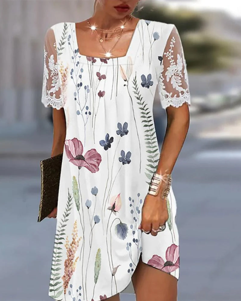 Floral Print Lace Sleeve Dress
