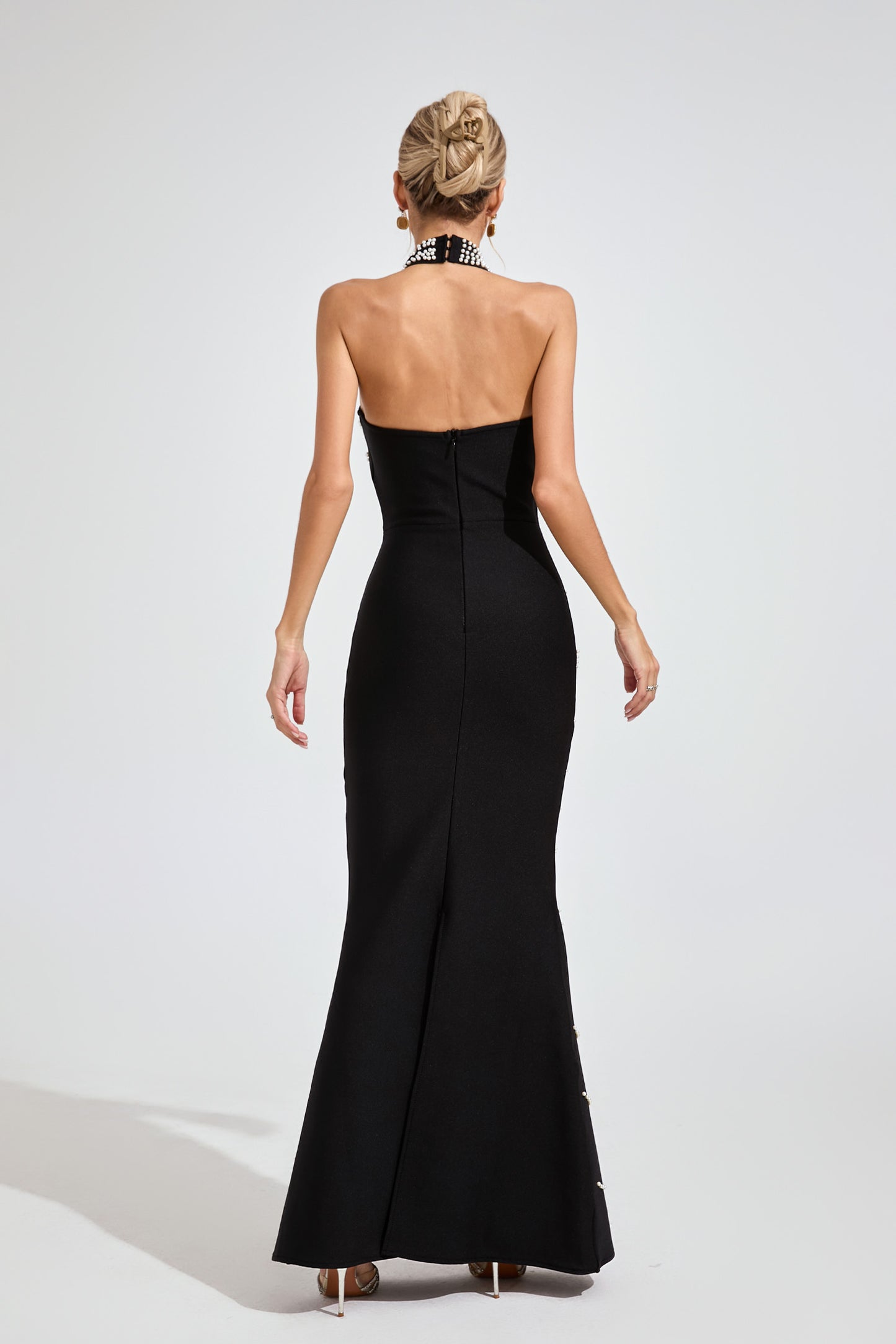 Iris Black Pearl Halter Bandage Maxi Dress