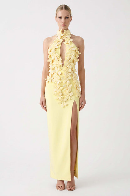 Bandage Halter Neck 3D Flower Maxi Dress