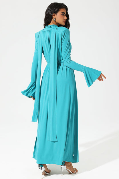 Lantern Sleeve High Collar Flower Split Midi Dress