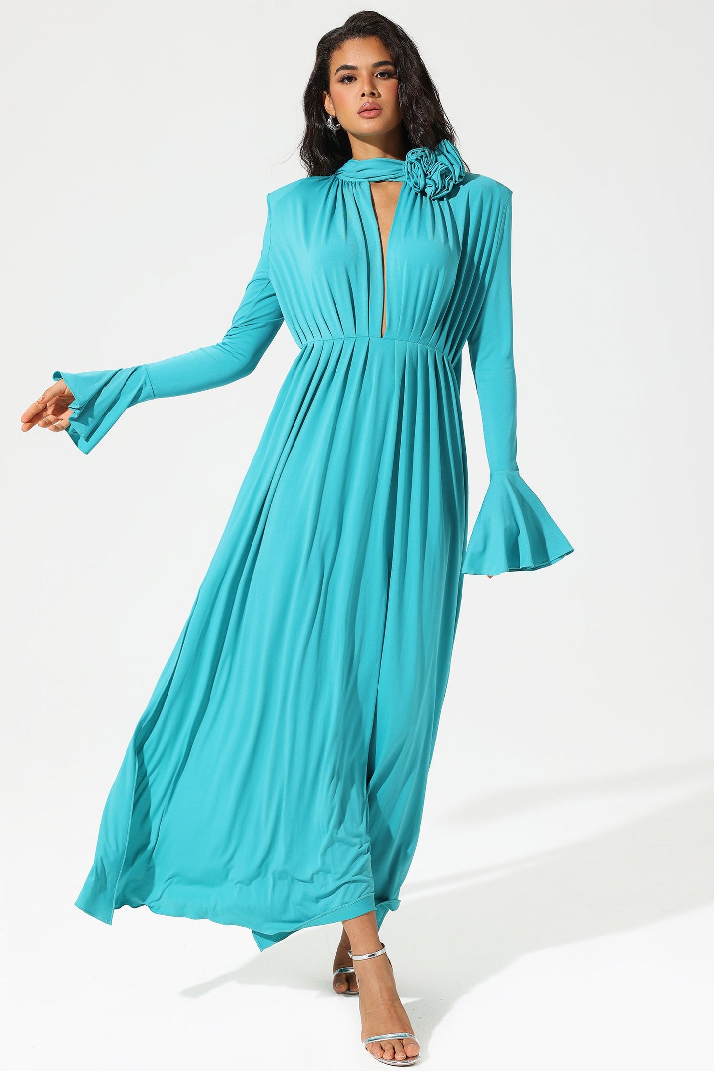 Lantern Sleeve High Collar Flower Split Midi Dress