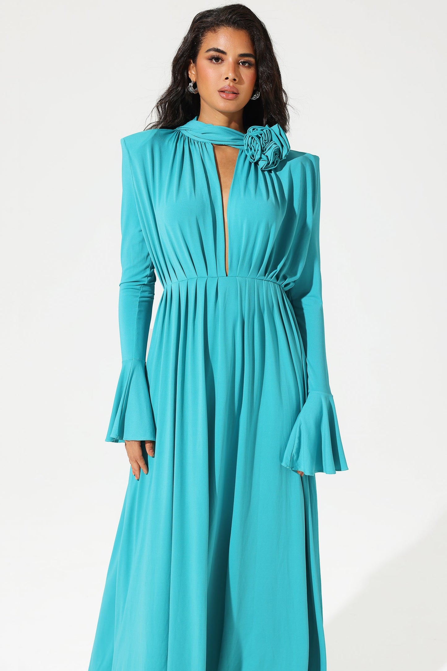 Lantern Sleeve High Collar Flower Split Midi Dress