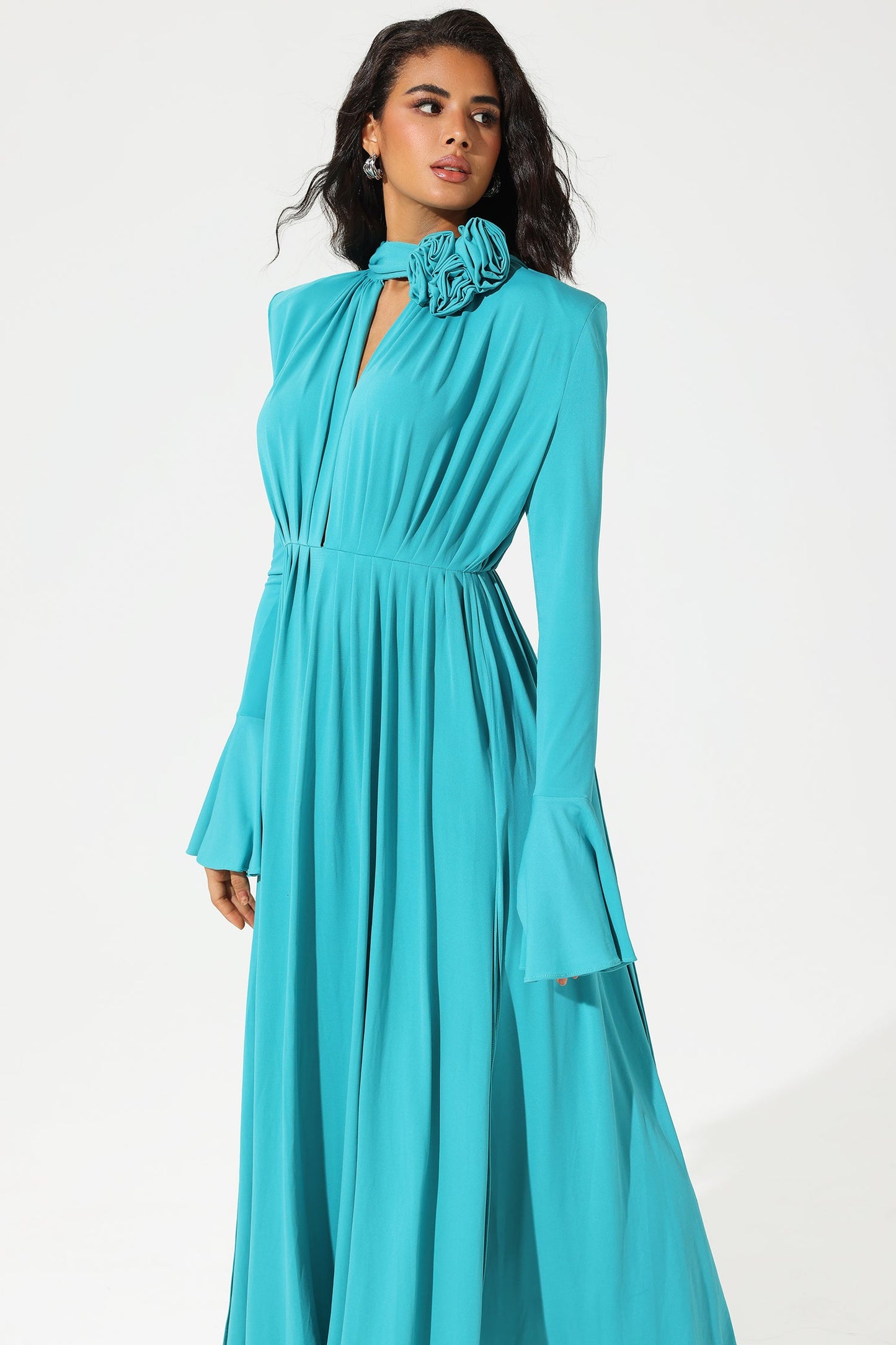 Lantern Sleeve High Collar Flower Split Midi Dress
