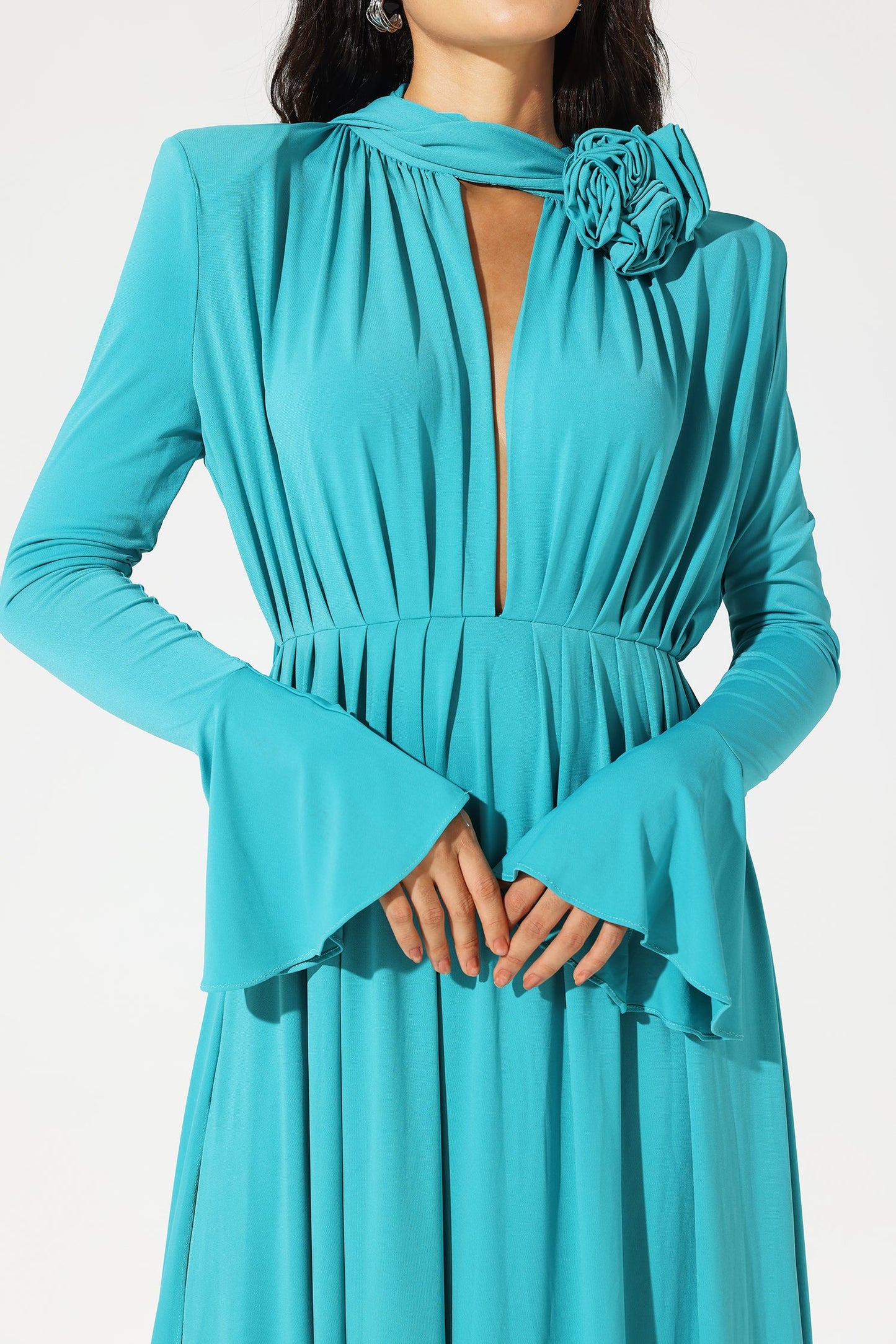 Lantern Sleeve High Collar Flower Split Midi Dress